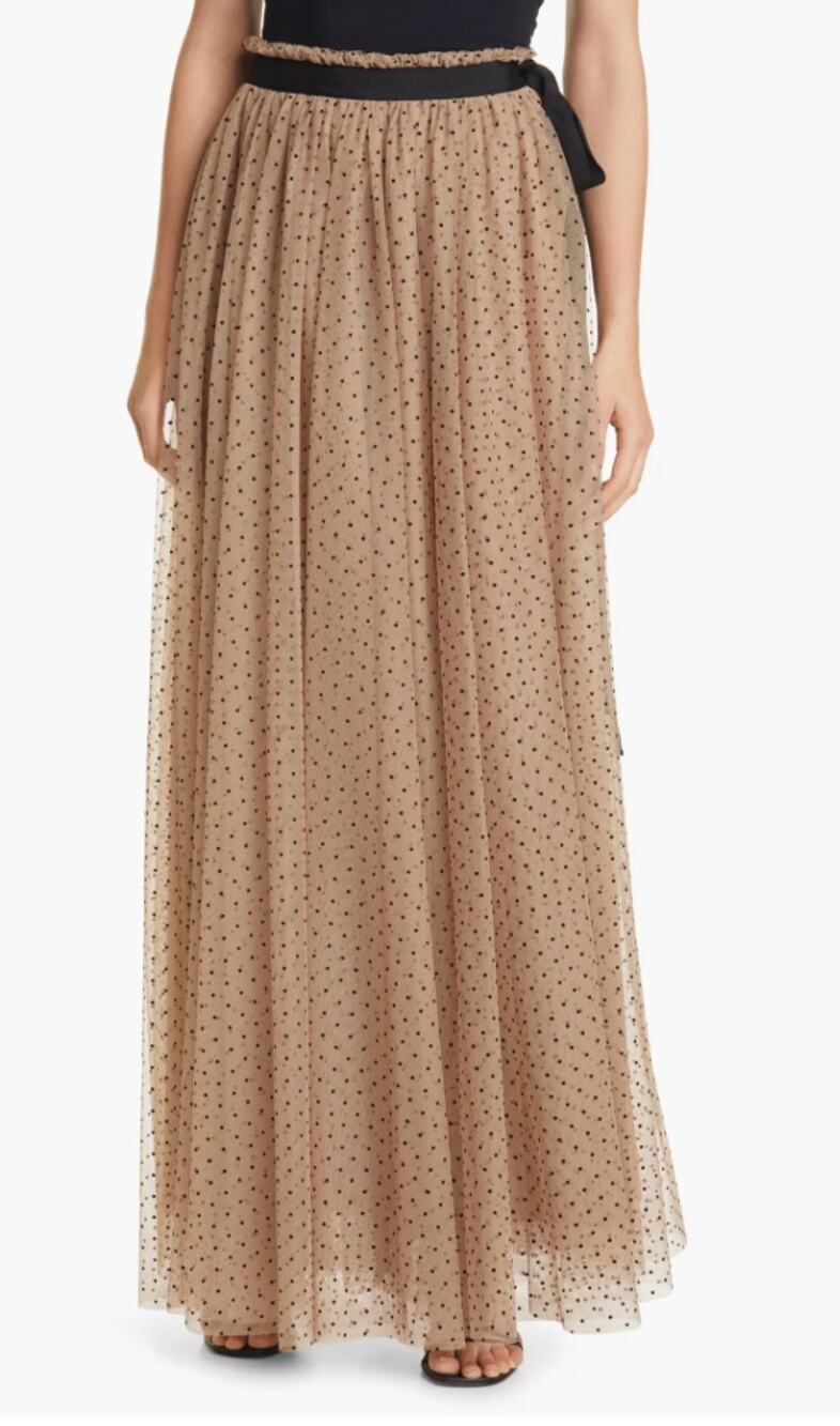 STAUD Poppy Flocked Dot Tulle Maxi Chiffon Skirt Nude Beige Black Size 4